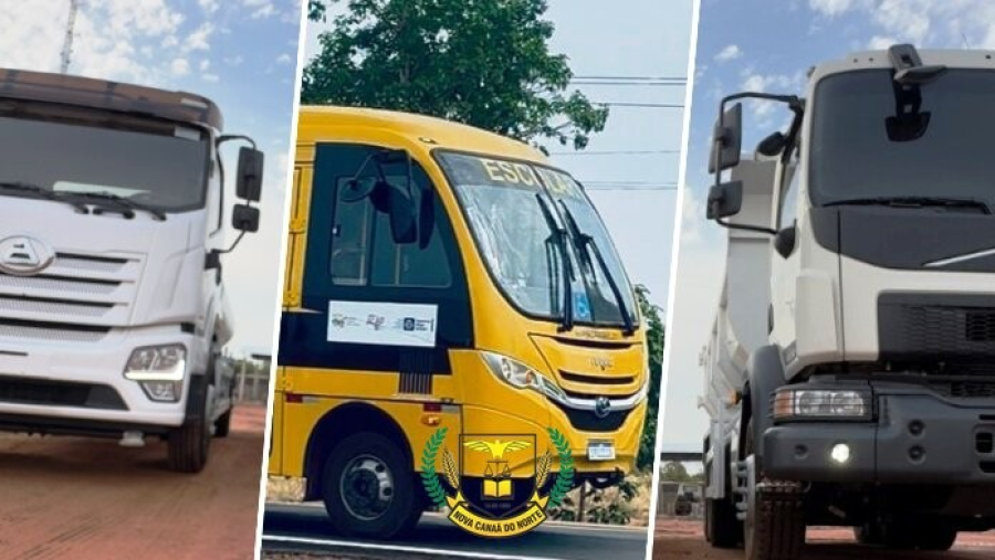 Prefeitura de Nova Canaã do Norte adquire dois caminhões e ônibus escolar novos para frota municipal