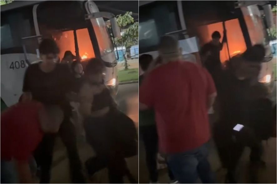 Ônibus com universitários pega fogo e causa pânico em MT