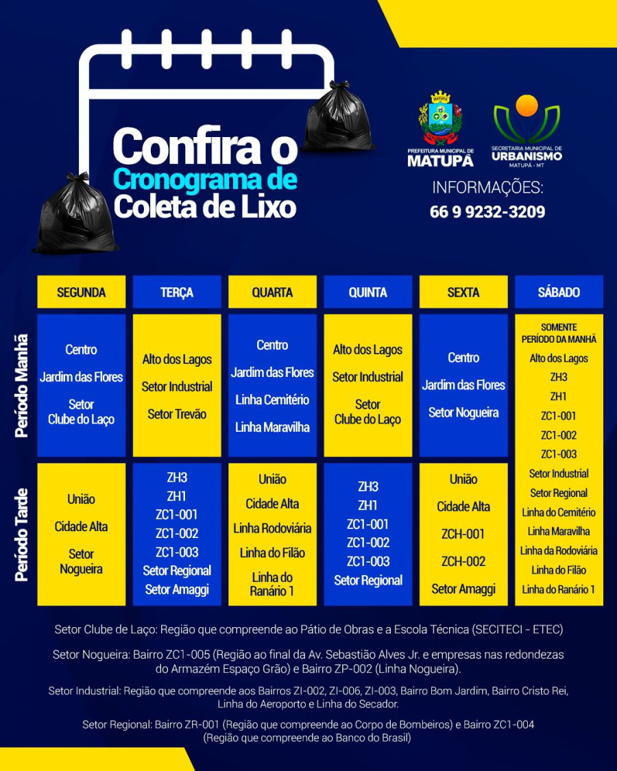 Matupá divulga cronograma semanal da coleta de lixo